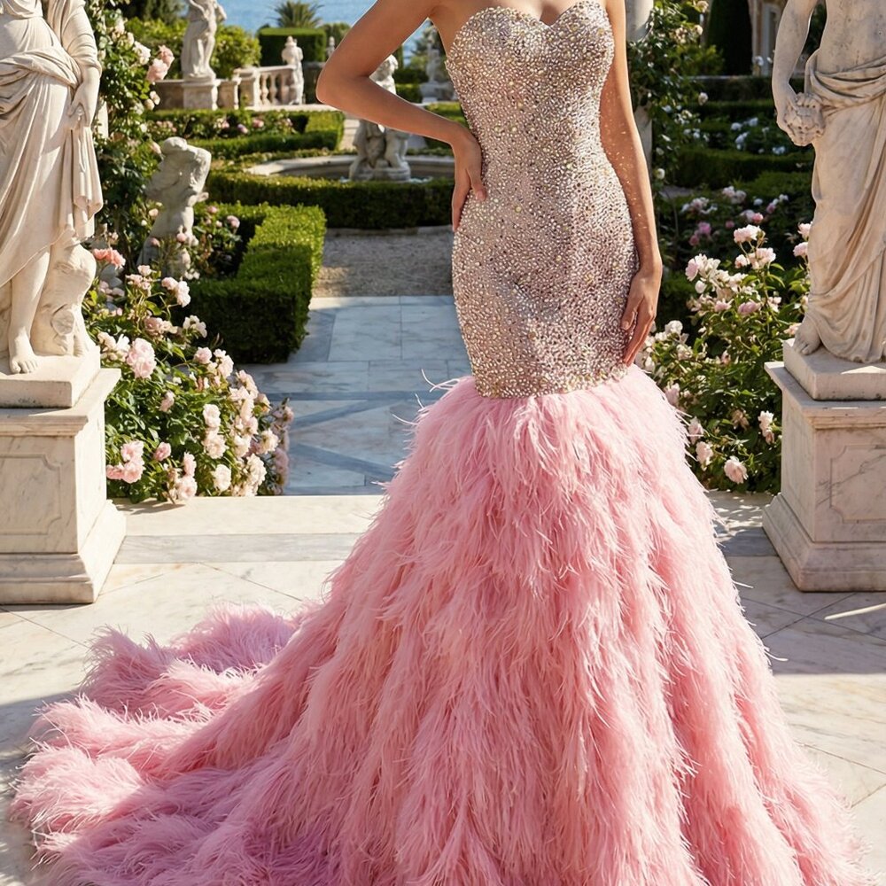 🦩Couture Ostrich Feathers Evening Wedding Cocktail Runway Beaded Crystals Dress